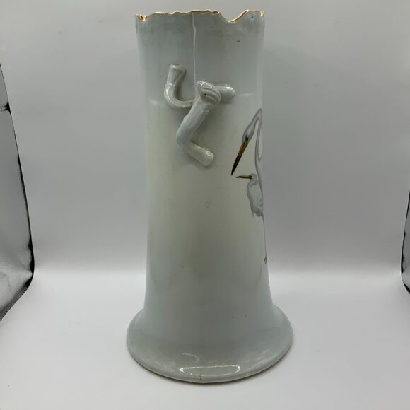 Warwick Vintage Porcelain Double Handle Egret Bird Gold Tone Trim 12" Vase - Picture 7 of 7